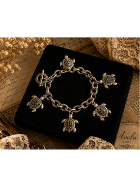 Vintage Turtle Charm Bracelet | Antique Silver Tone | Marcasite Style
